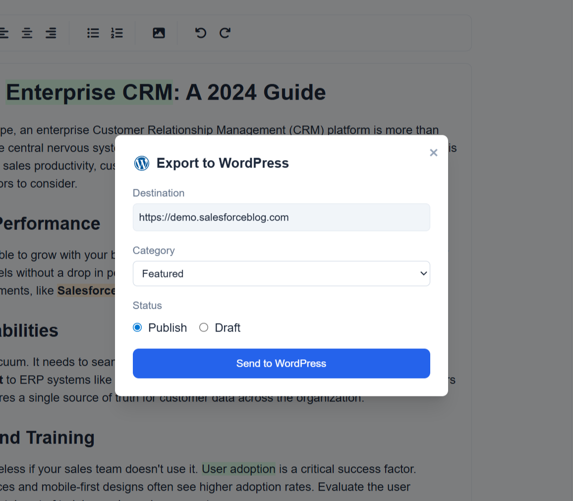 Exporting content to WordPress with one click